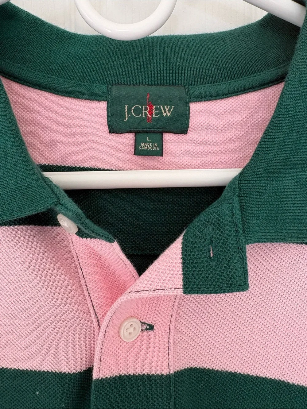 J. Crew Men’s Pink and Dark Green Wide-Stripe Polo